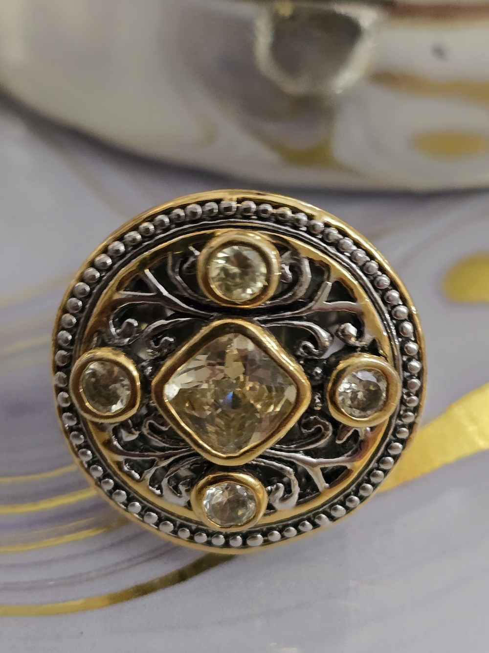 Two-Tone Gold and Silver Filigree Ring with Champagne Stones Size 6